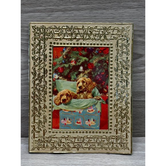 Christmas Greeting Card Cocker Spaniel Dogs Metallic Gold Frame Unused Vintage - Picture 7 of 7